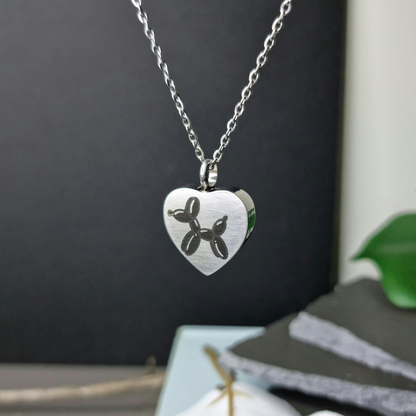 Balloon Dog Engraved Keepsake Memorial Necklace - holds cremation ashes, lock of hair, or sand from a place of significance