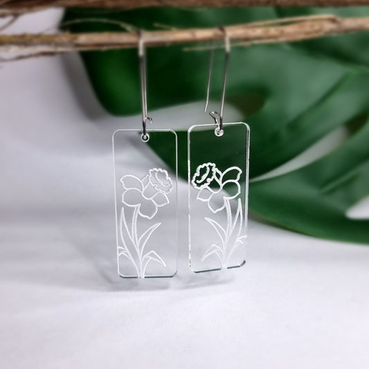 Daffodil Rectangle Engraved Earrings - Timeless Trinkets NZ