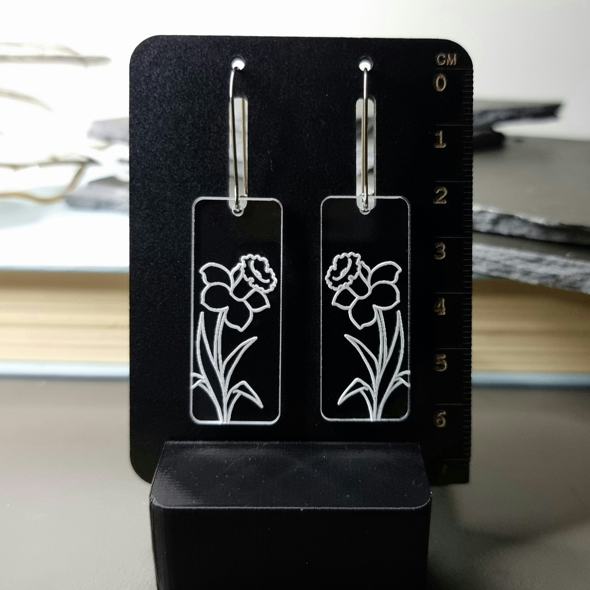 Daffodil Rectangle Engraved Earrings - Timeless Trinkets NZ