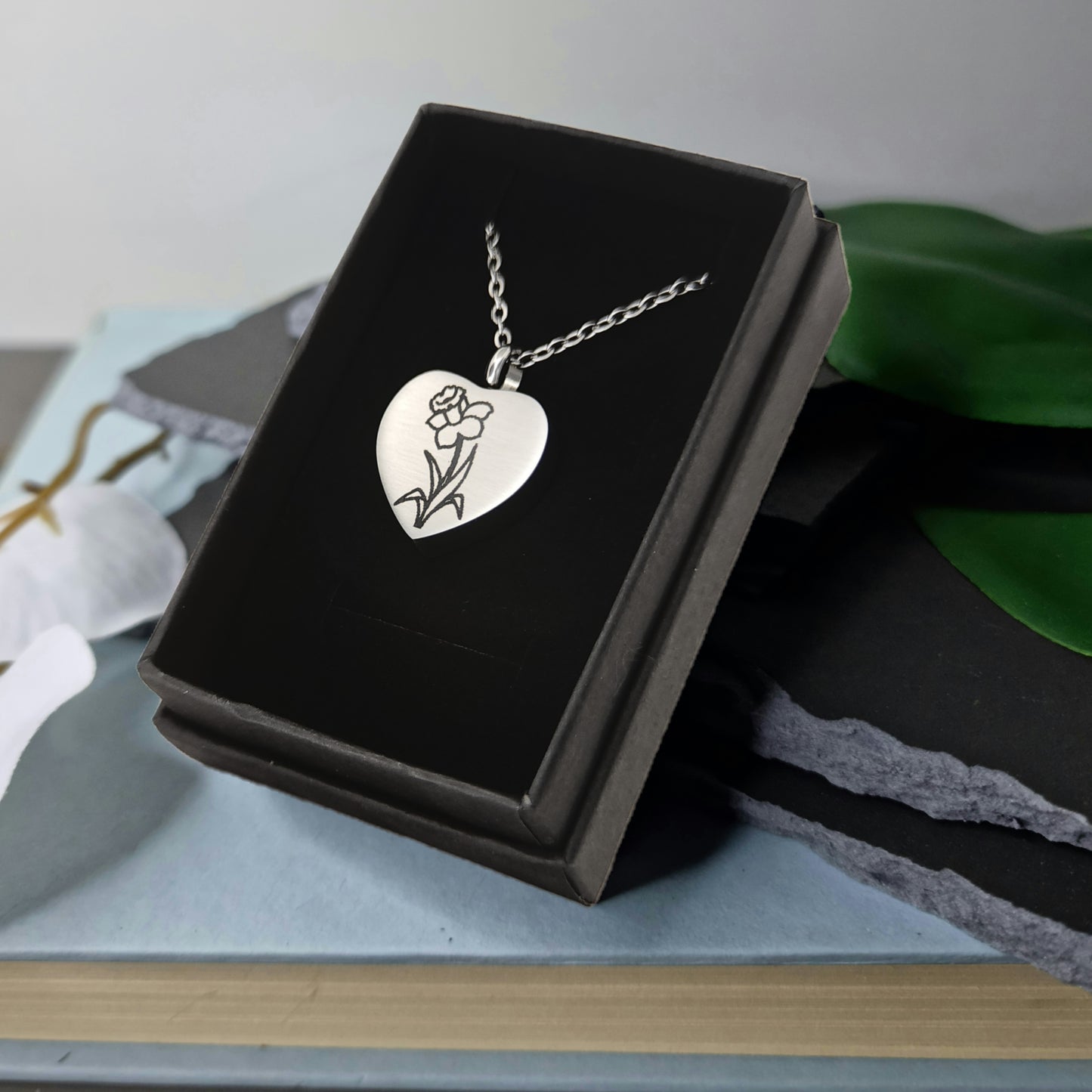Daffodil Engraved Keepsake Memorial Necklace In Box