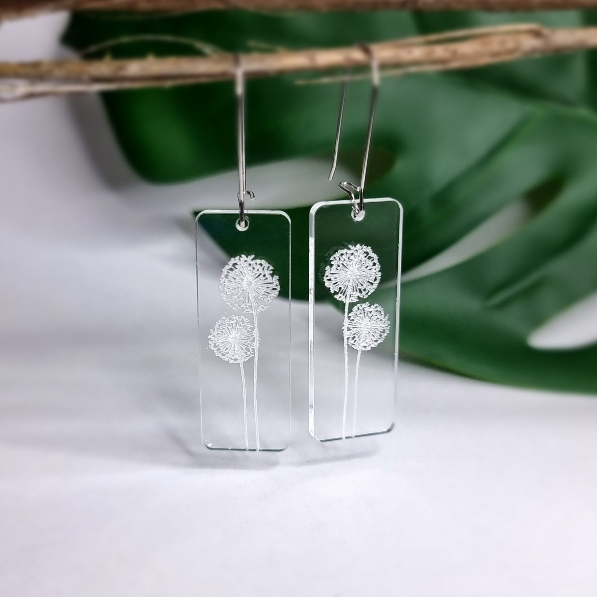 Dandelion Rectangle Engraved Earrings - Timeless Trinkets NZ