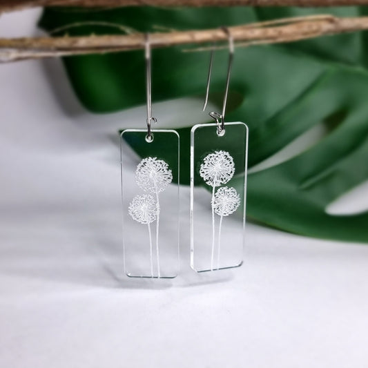 Dandelion Rectangle Engraved Earrings - Timeless Trinkets NZ