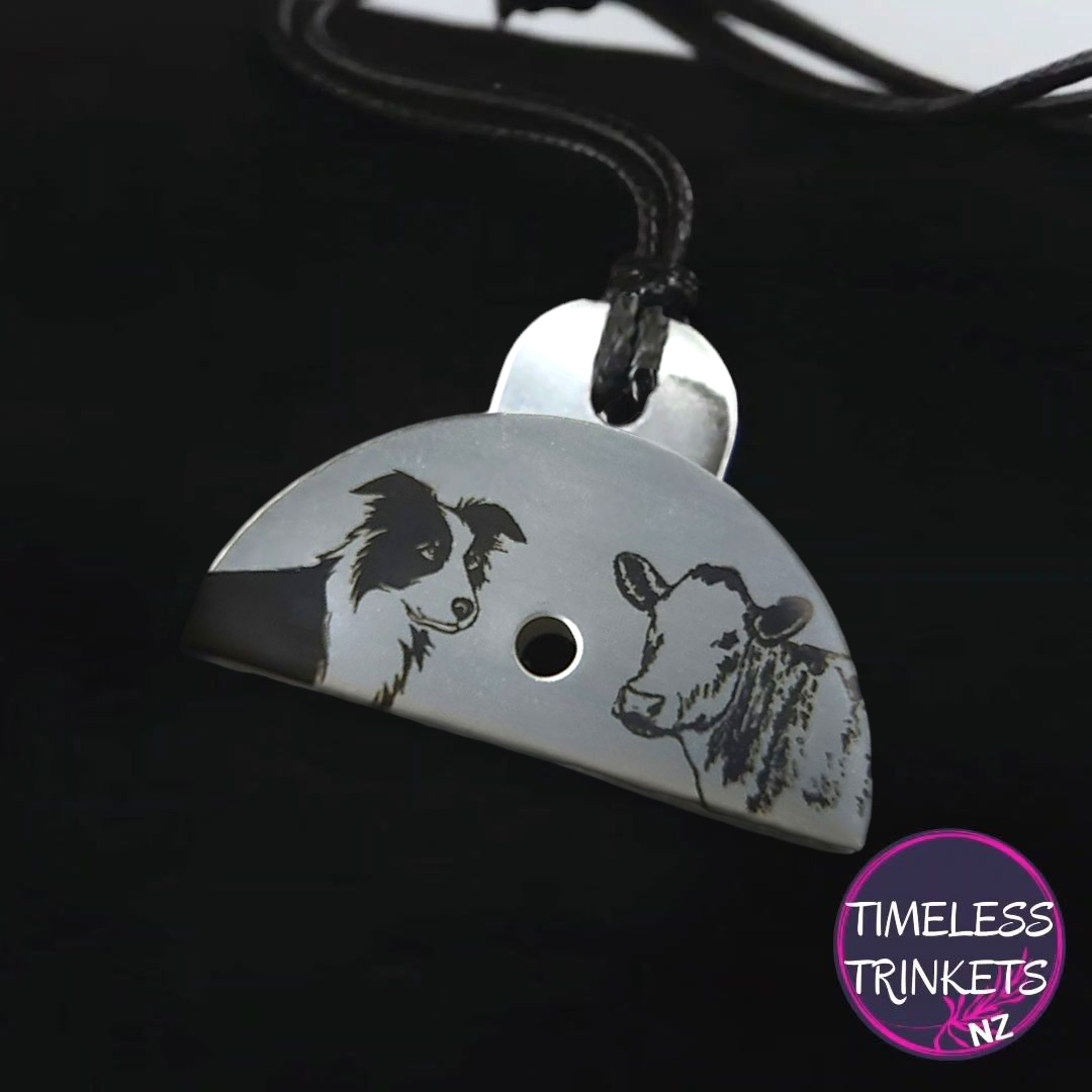 Dog & Cow Engraved Shepherds Whistle Pendant Stainless Steel