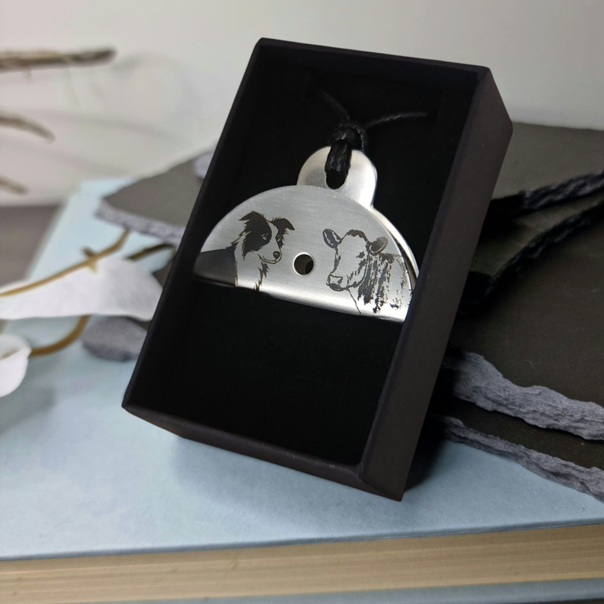 Dog & Cow Engraved Shepherds Whistle Pendant Stainless Steel in box