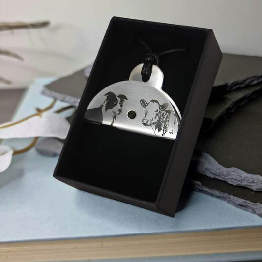 Dog & Cow Engraved Shepherds Whistle Pendant Stainless Steel in box