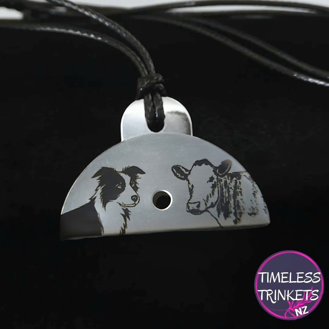 Dog & Cow Engraved Shepherds Whistle Pendant Stainless Steel Custom