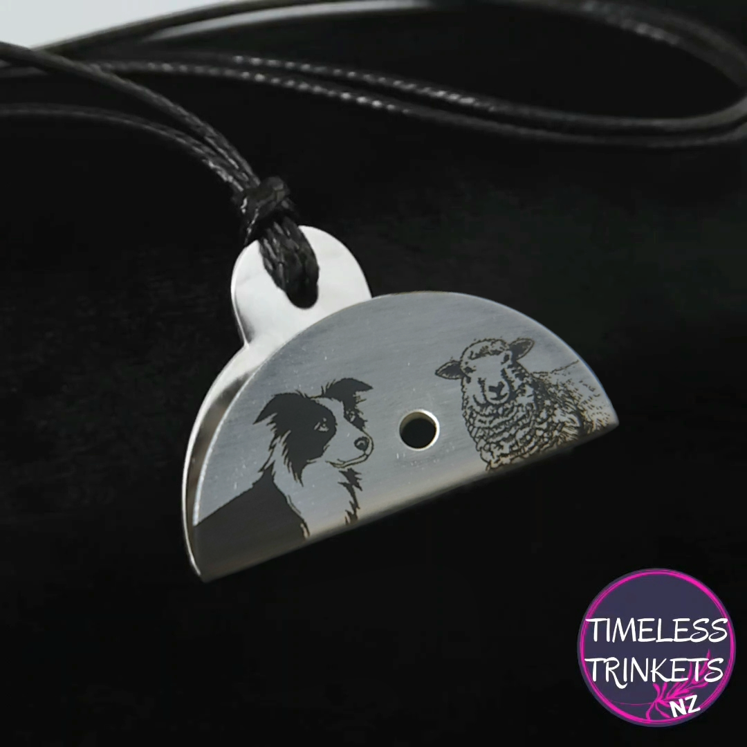 Dog & Sheep Engraved Shepherds Whistle Pendant -  Stainless Steel