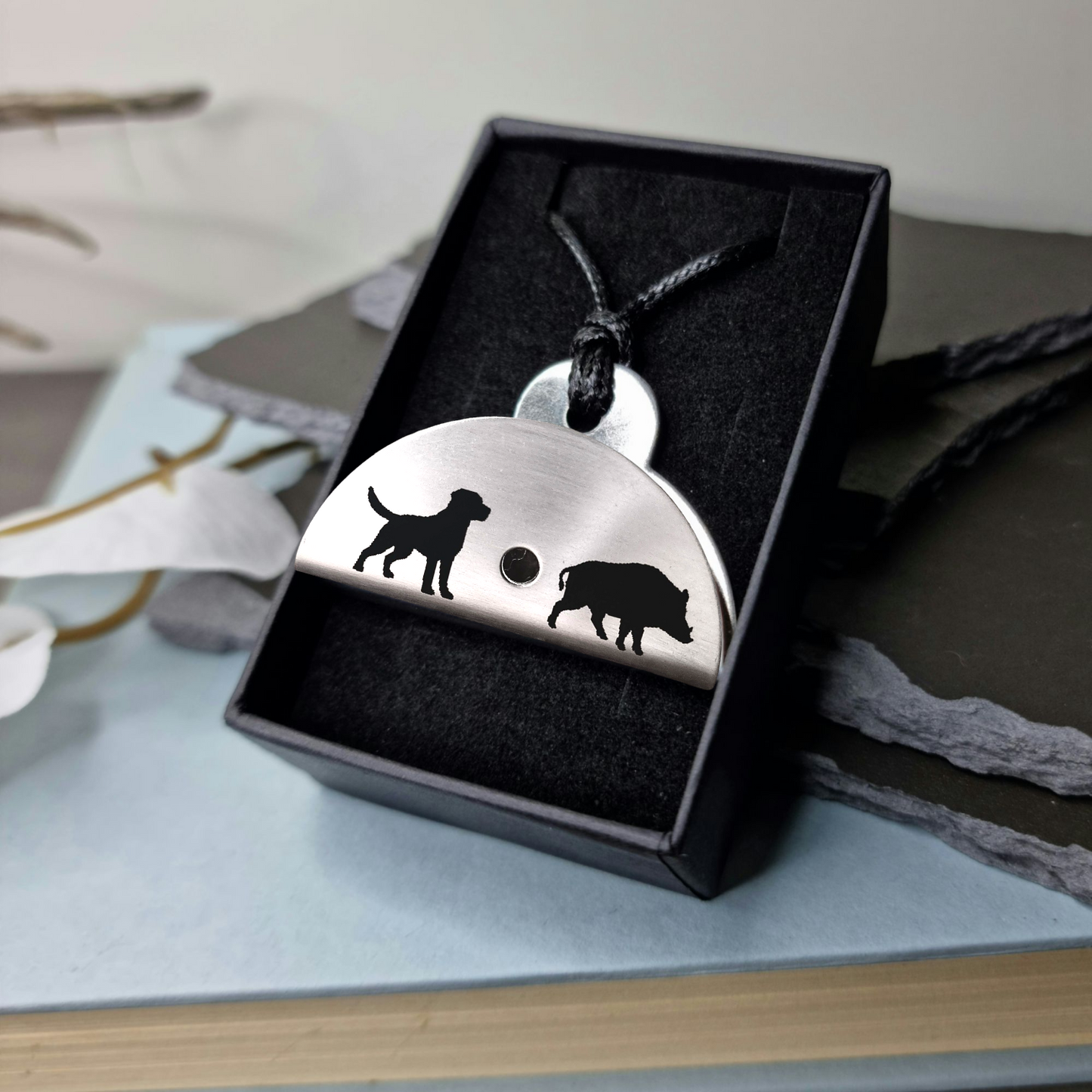 Dog & Sheep Silhouette Engraved Shepherds Whistle Pendant in box