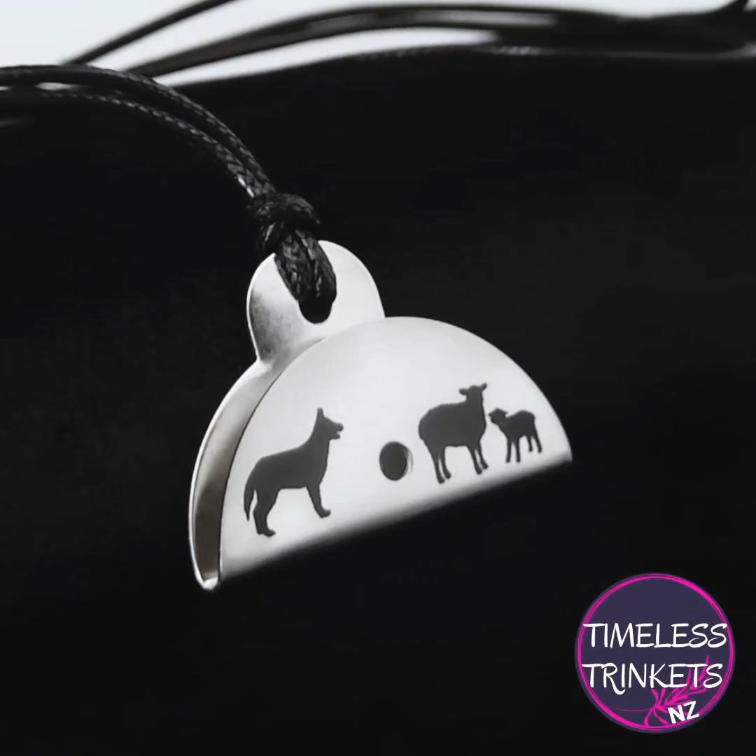 Dog & Sheep Silhouette Engraved Shepherds Whistle Pendant Stainless Steel