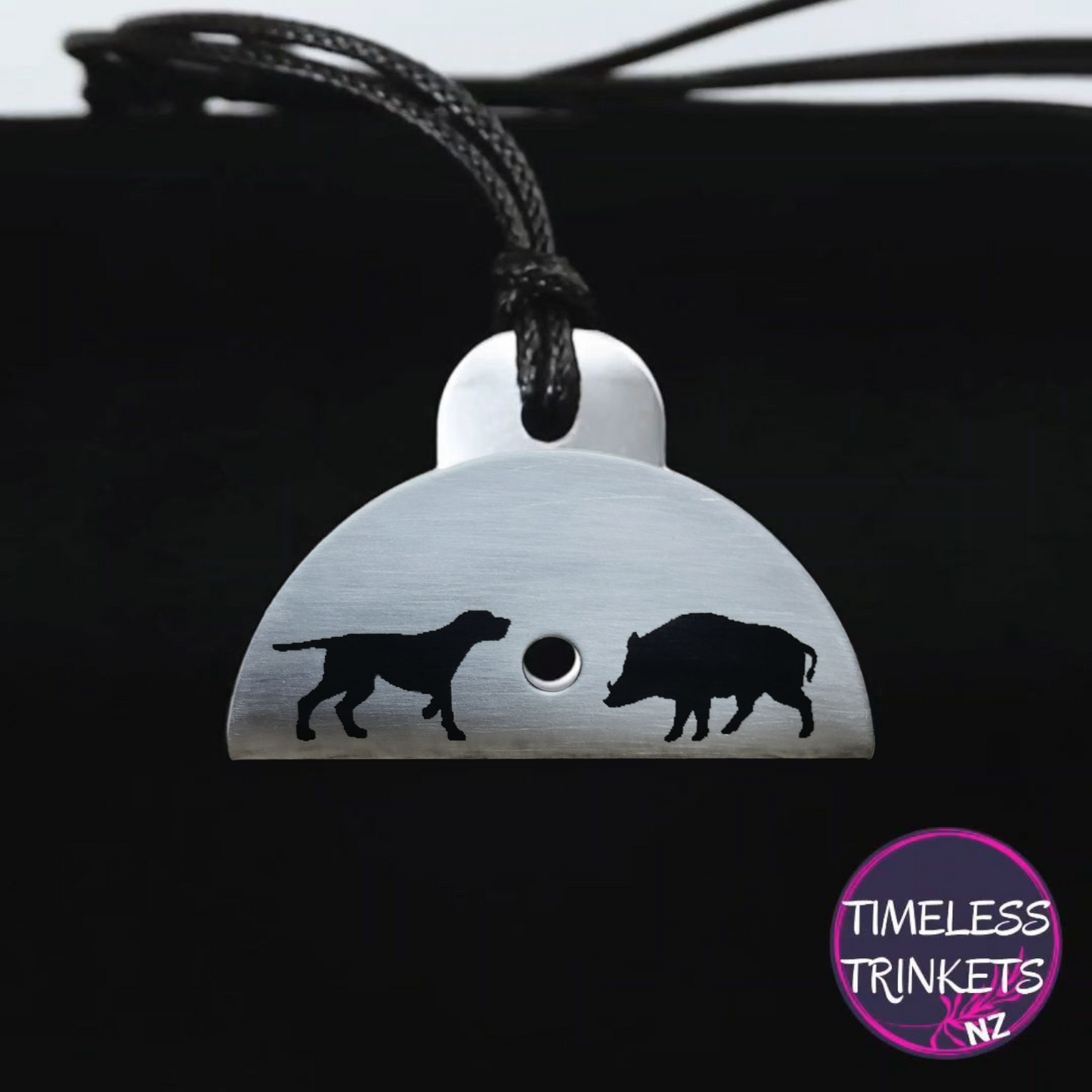 Dog & Wild Boar Silhouette Engraved Shepherds Whistle Pendant