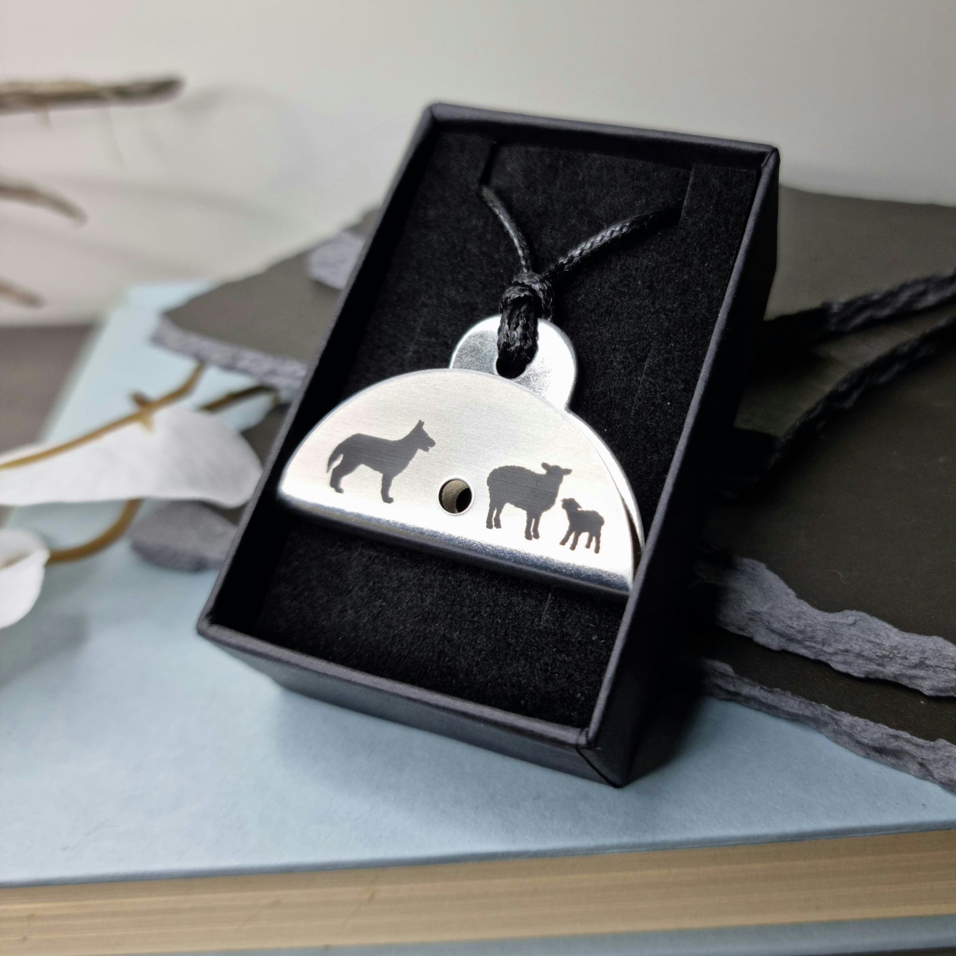 Dog & Sheep Silhouette Engraved Shepherds Whistle Pendant - In Box
