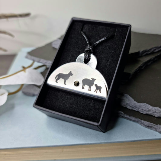 Dog & Sheep Silhouette Engraved Shepherds Whistle Pendant - In Box