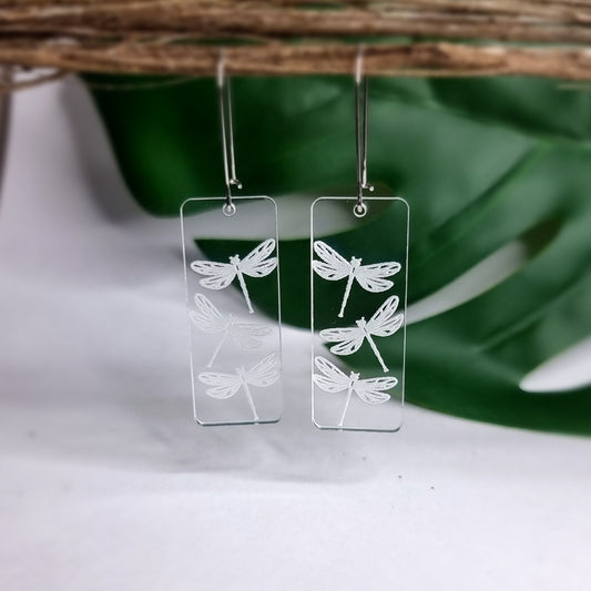 Dragonfly Rectangle Engraved Earrings - Timeless Trinkets NZ