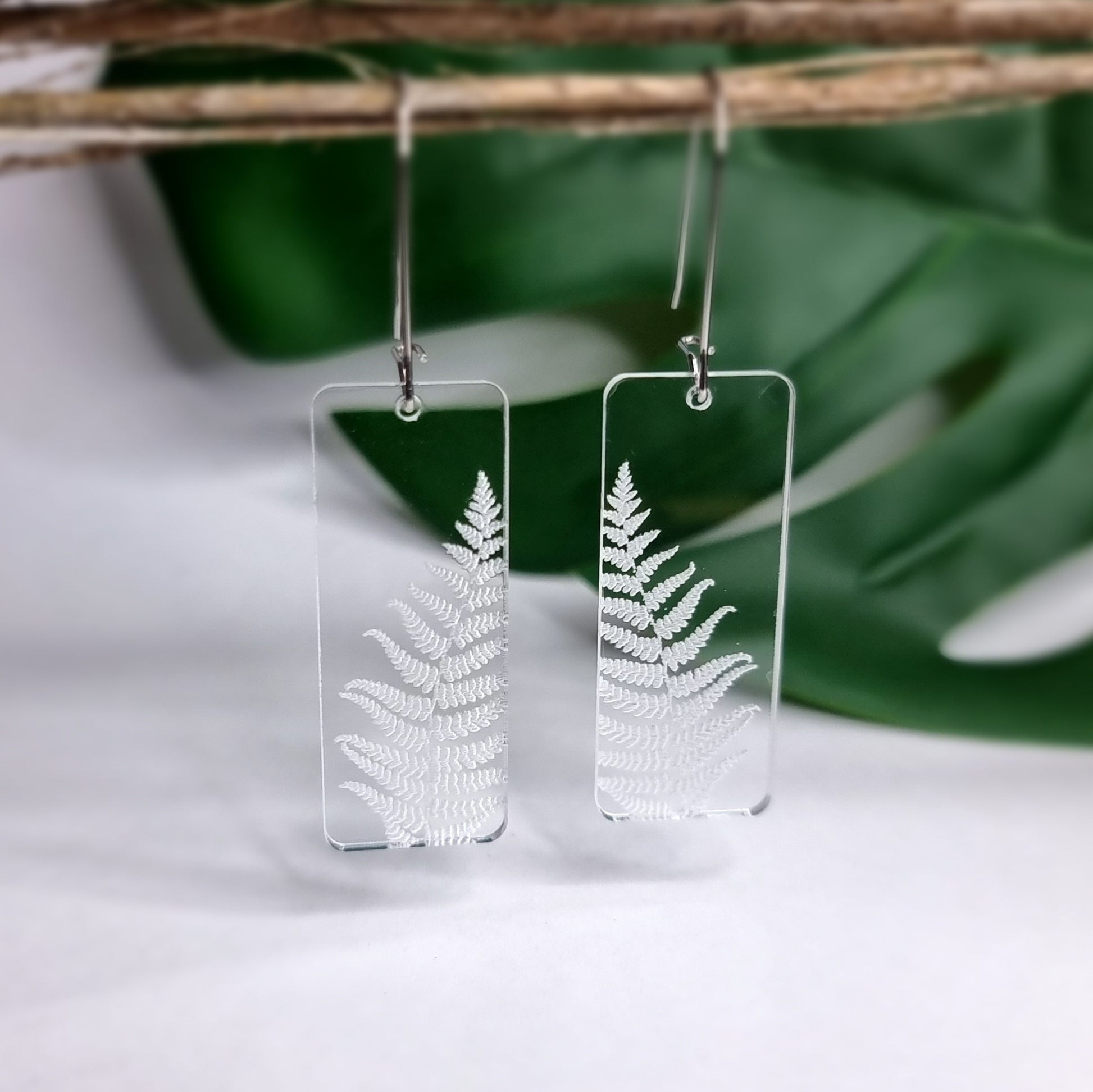 Fern and Koru Rectangle Engraved Earrings - Timeless Trinkets NZ