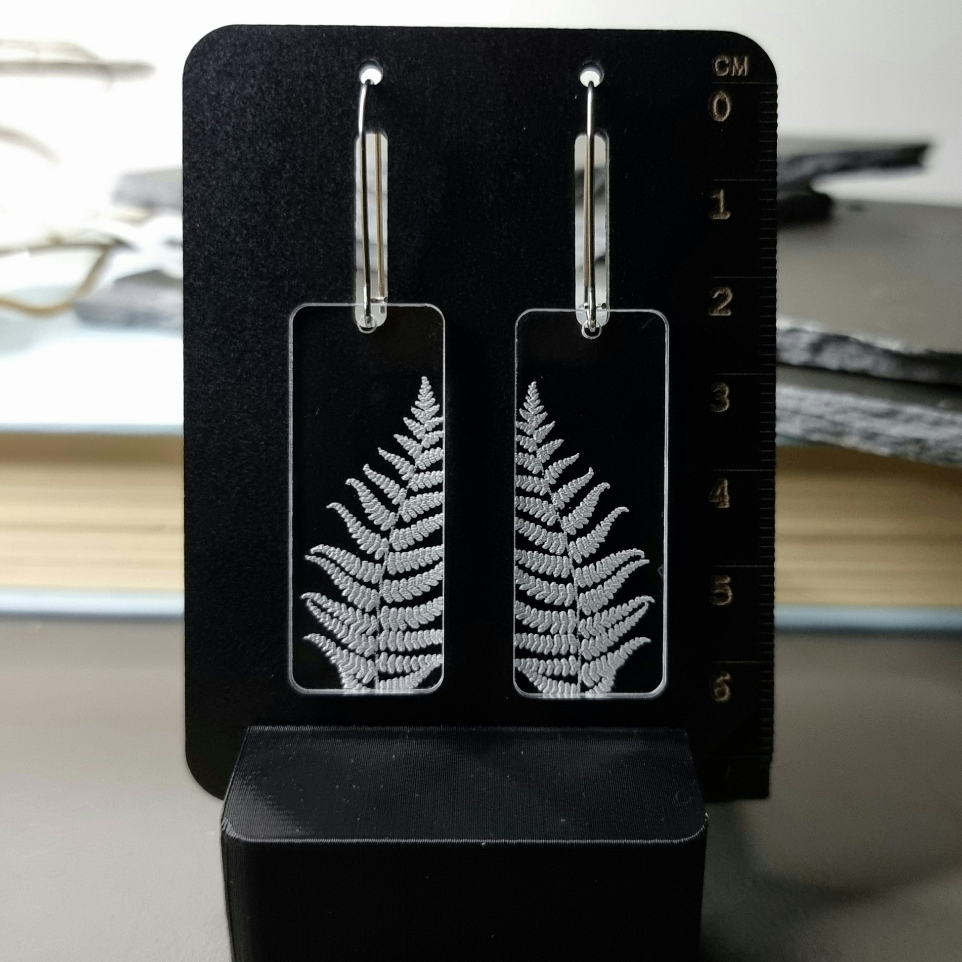 Fern and Koru Rectangle Engraved Earrings - Timeless Trinkets NZ