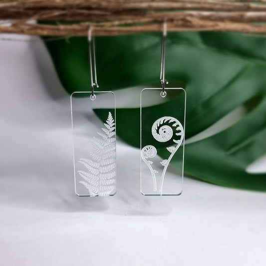 Fern and Koru Rectangle Engraved Earrings - Timeless Trinkets NZ
