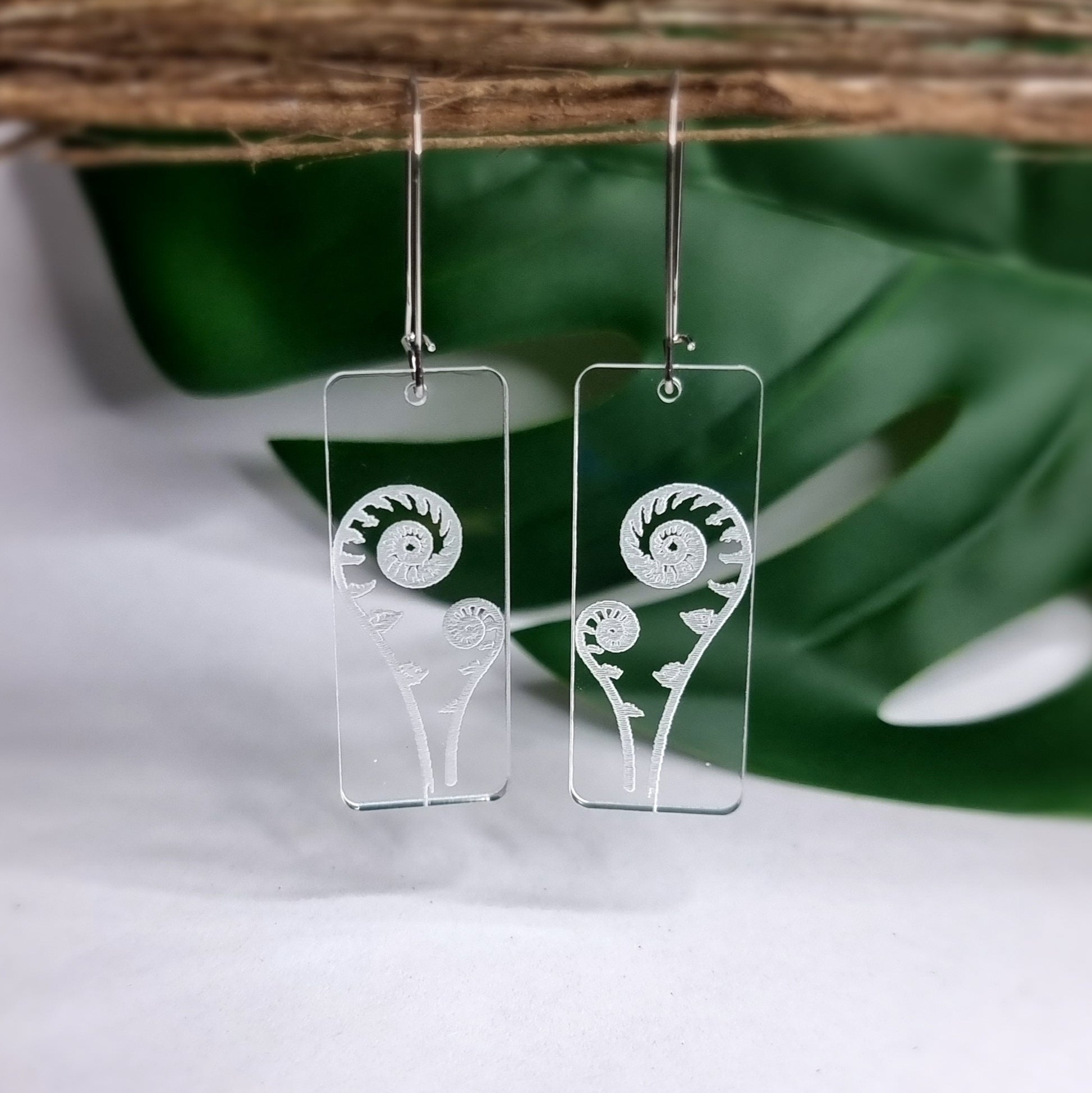 Fern and Koru Rectangle Engraved Earrings - Timeless Trinkets NZ