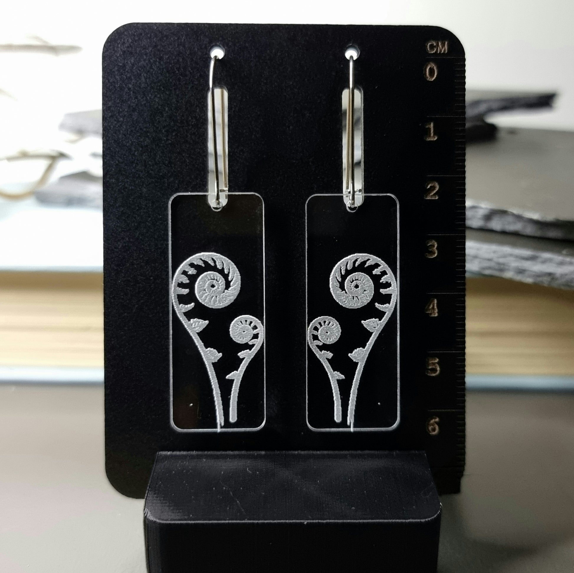 Fern and Koru Rectangle Engraved Earrings - Timeless Trinkets NZ