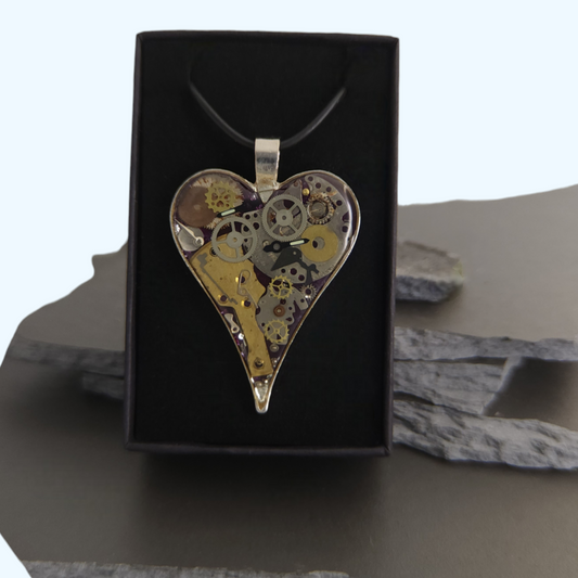Heart Watch Movement Resin Pendant - Antique Silver - 50mm