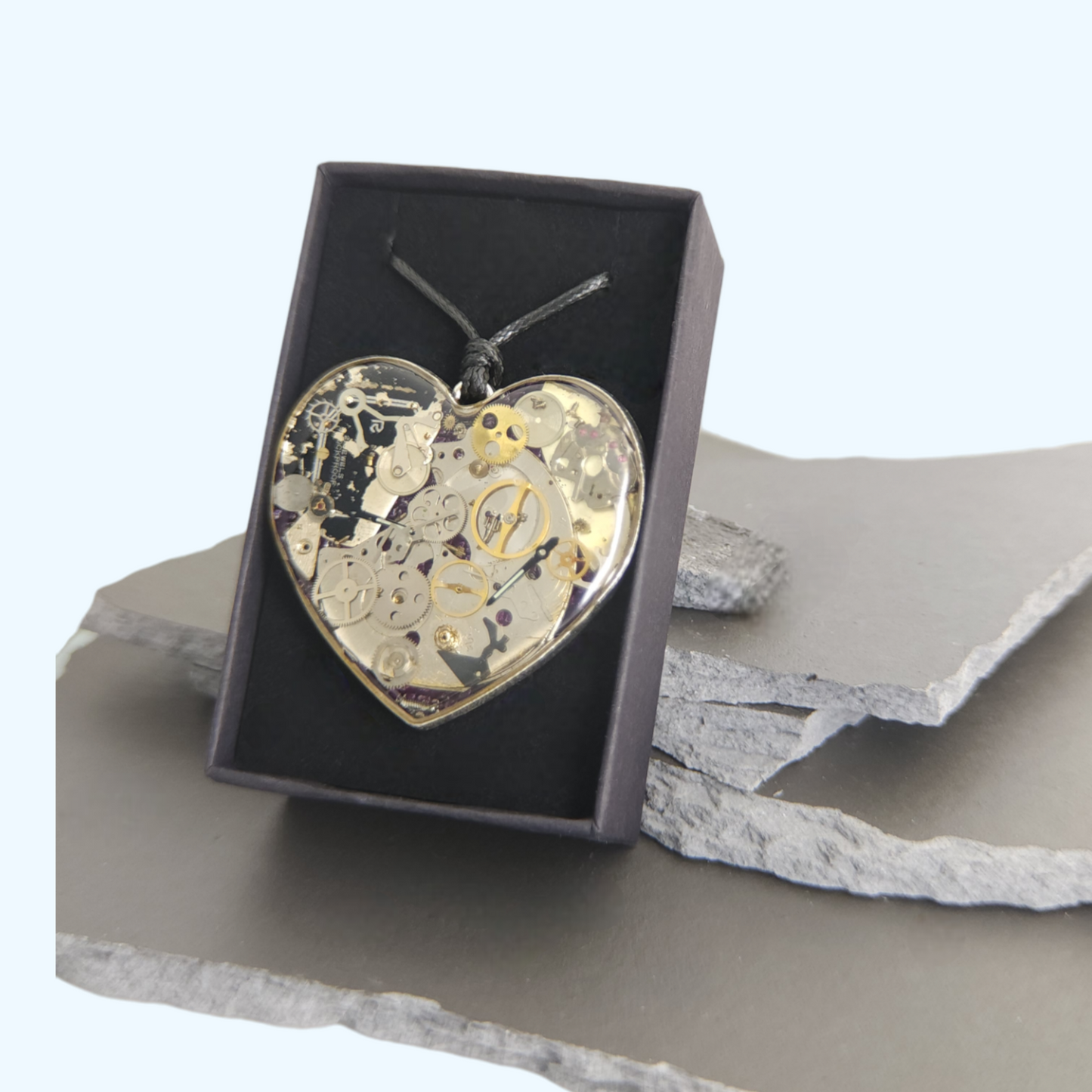 Heart Watch Movement Resin Pendant - Antique Silver - 45mm - Side View