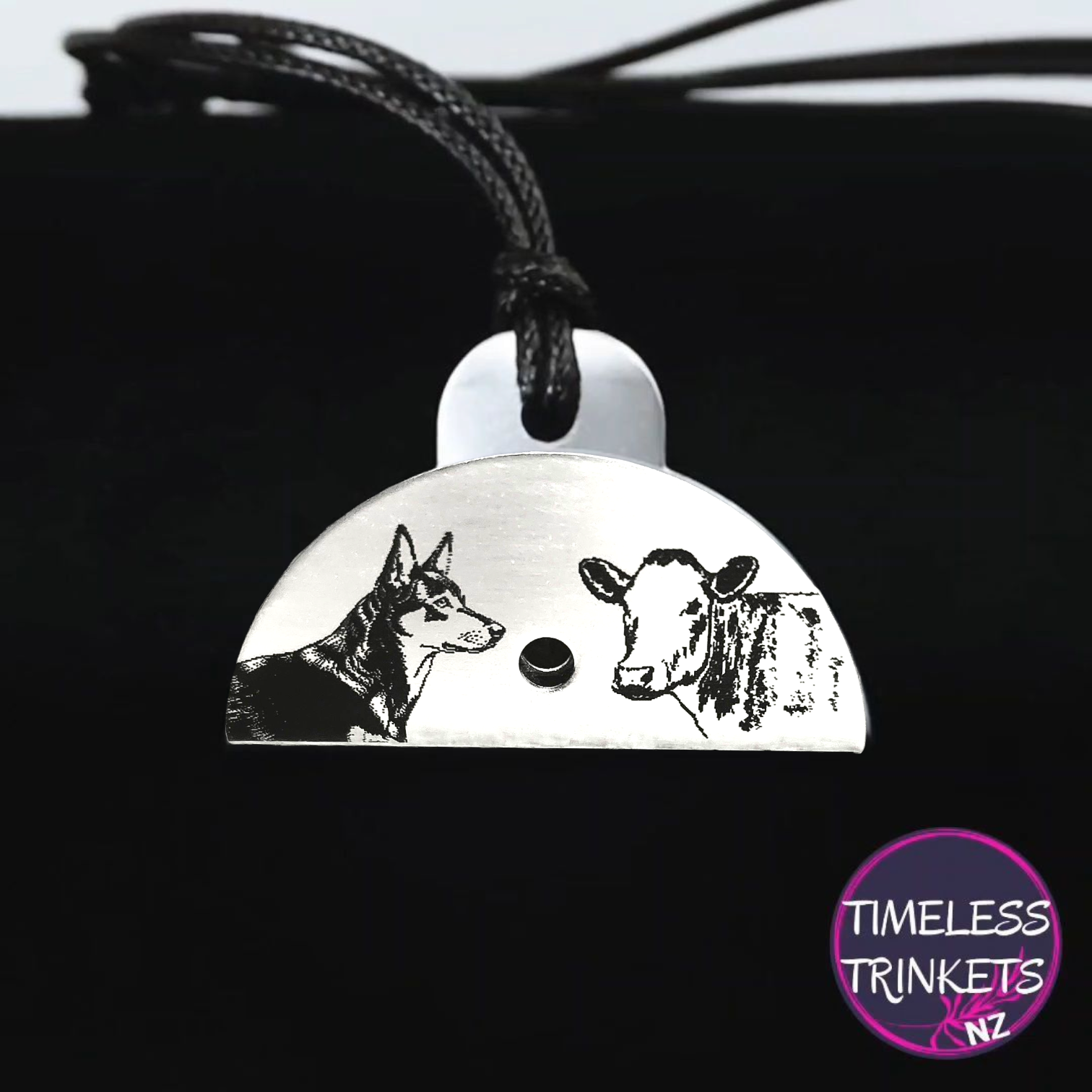 Kelpie & Cow Engraved Shepherds Dog Whistle Pendant - Timeless Trinkets NZ