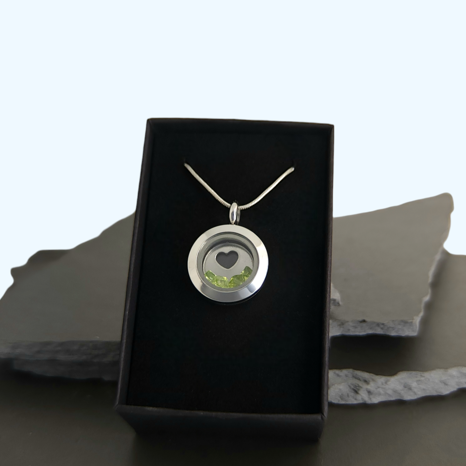 Peridot Heart Locket Pendant - 20mm Stainless Steel - Timeless Trinkets NZ