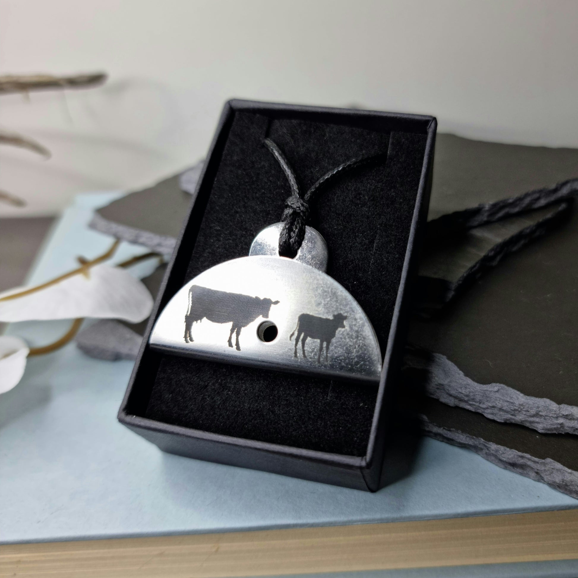 Cow and Calf Engraved Shepherds Whistle Pendant with gift box
