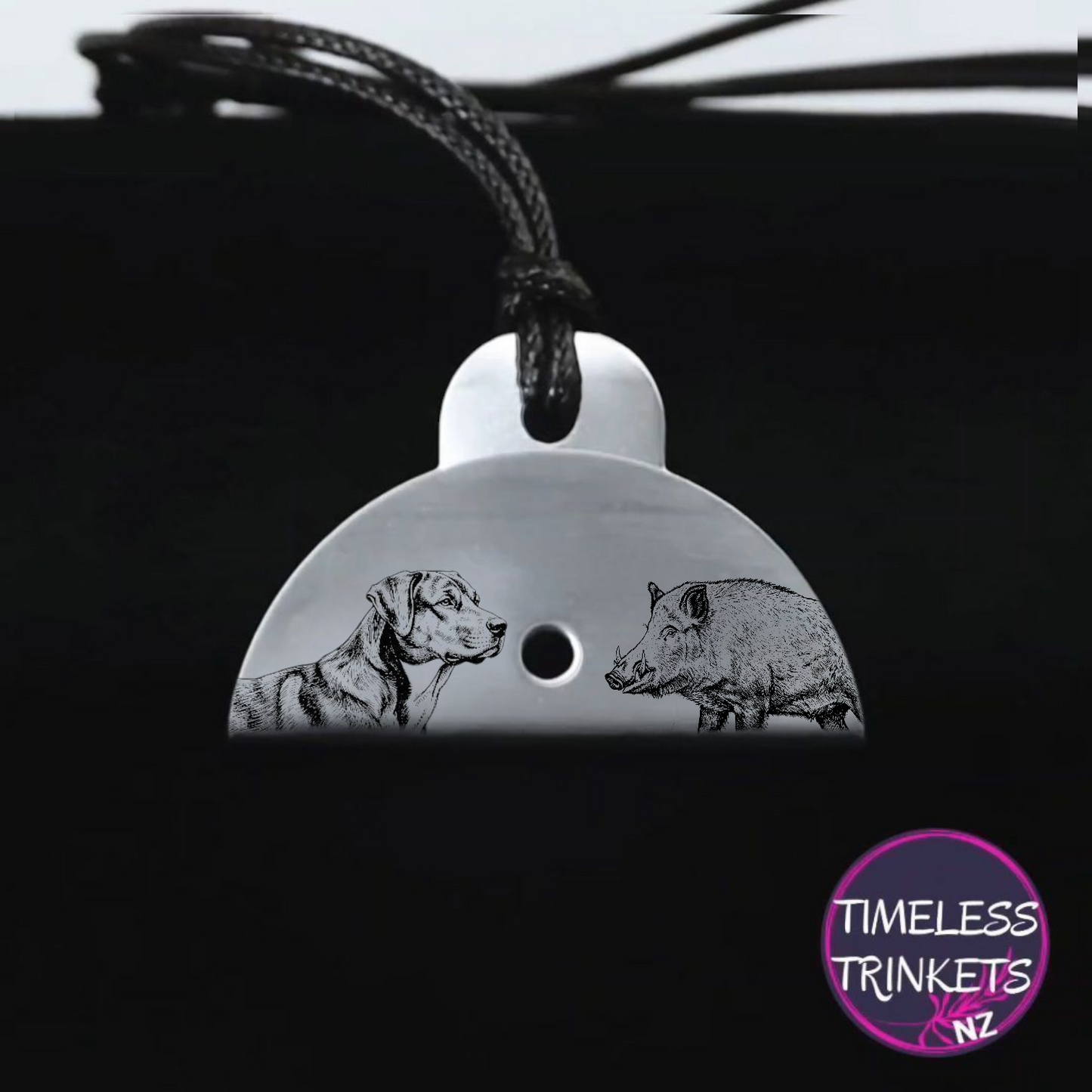 Stainless steel shepherds sheepdog whistle with engraved dog and boar image