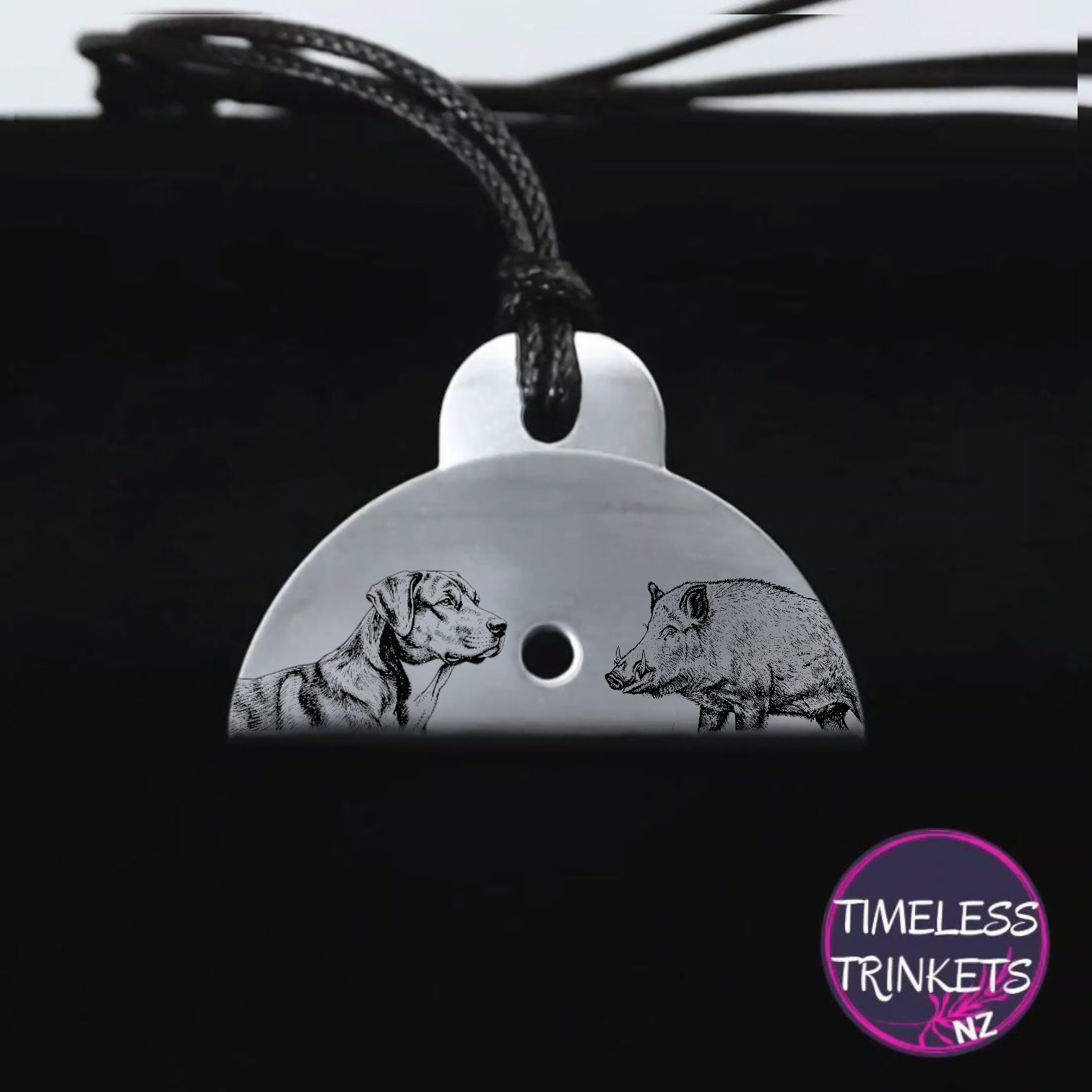 Stainless steel shepherds sheepdog whistle with engraved dog and boar image