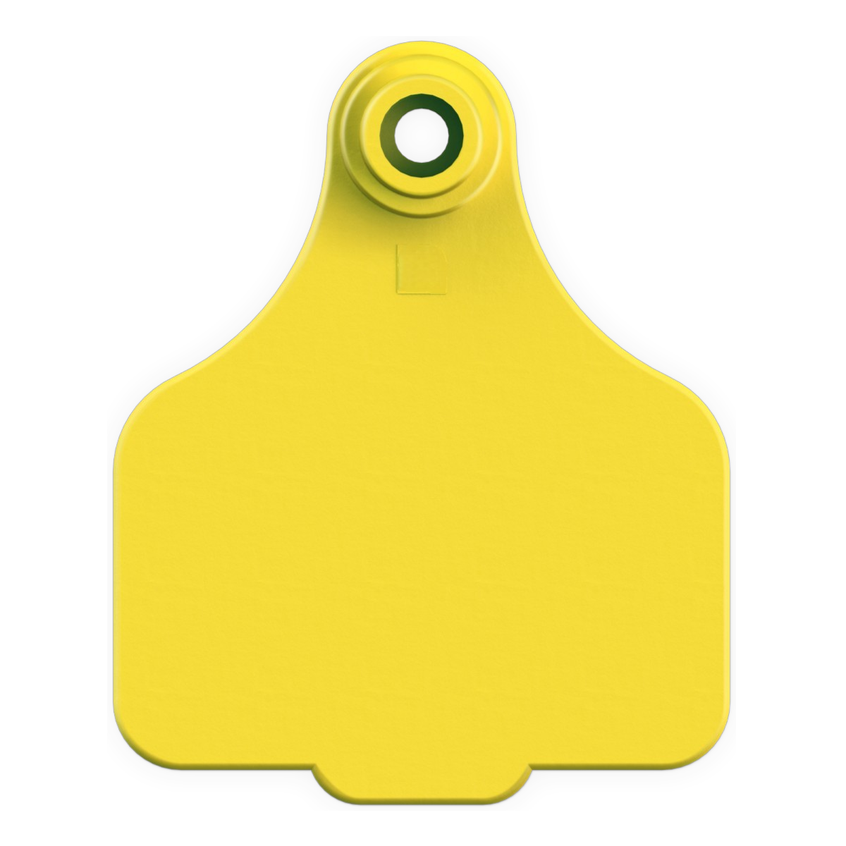 A bright yellow plastic livestock tag with a circular hanging hole at the top, shown against a plain white background.