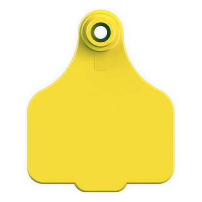 A bright yellow plastic livestock tag with a circular hanging hole at the top, shown against a plain white background.