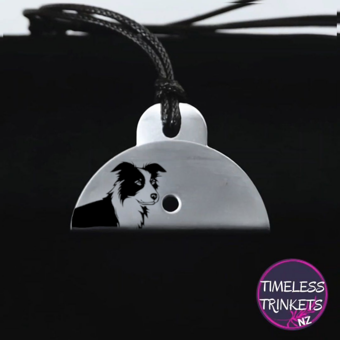 Shepherds Whistle with a dog illustration on a black background, branded 'Timeless Trinkets NZ'.