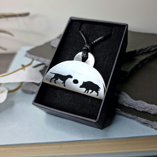 Dog & Wild Boar Silhouette Engraved Shepherds Whistle Pendant In Box
