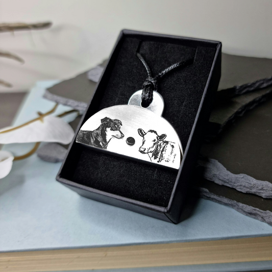 Huntaway & Cow Engraved Shepherds Whistle Pendant in box