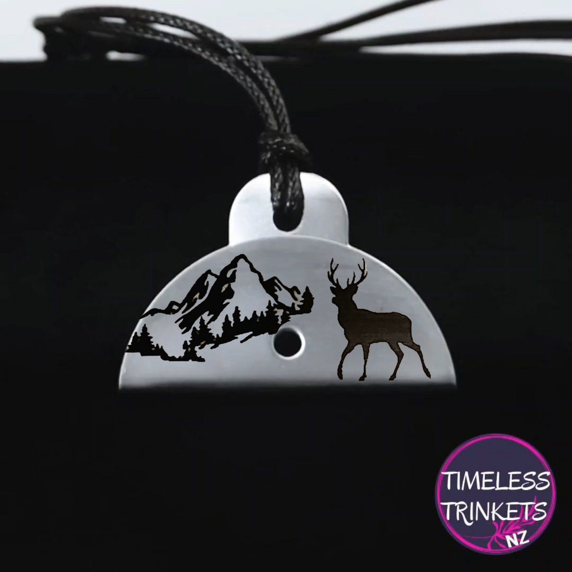 Mountain Deer Engraved Shepherds Whistle Pendant - Timeless Trinkets NZ