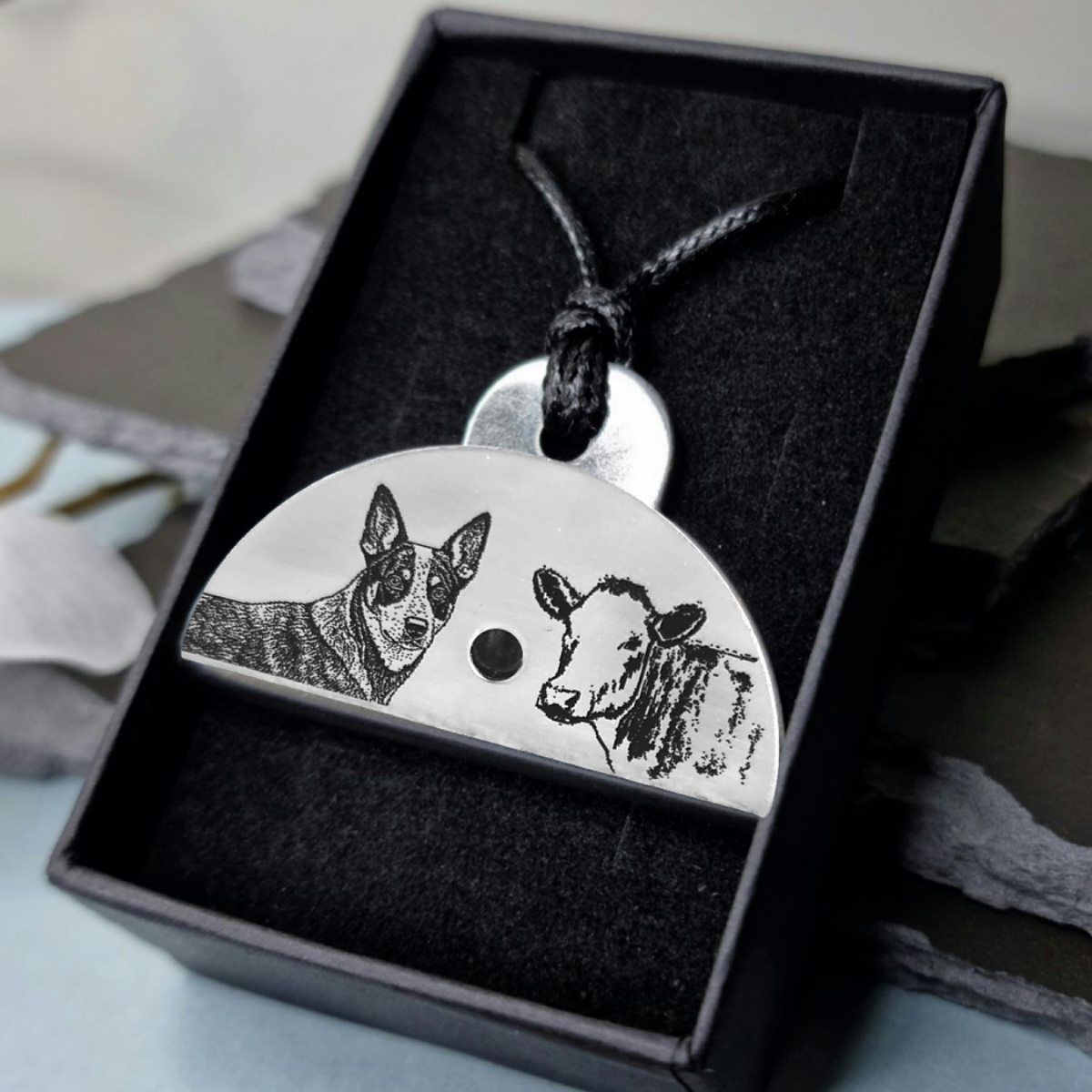 Stainless Steel Whistle pendant with blue heeler dog and cow illustrations in a black box