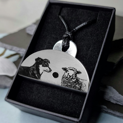 Stainless steel shepherds whistle
with engraved images of a huntaway dog and a sheep in a black gift box.