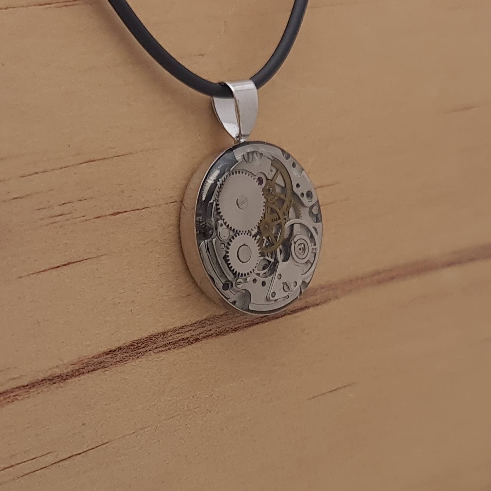 Vintage Watch Movement Resin Pendant - Side View