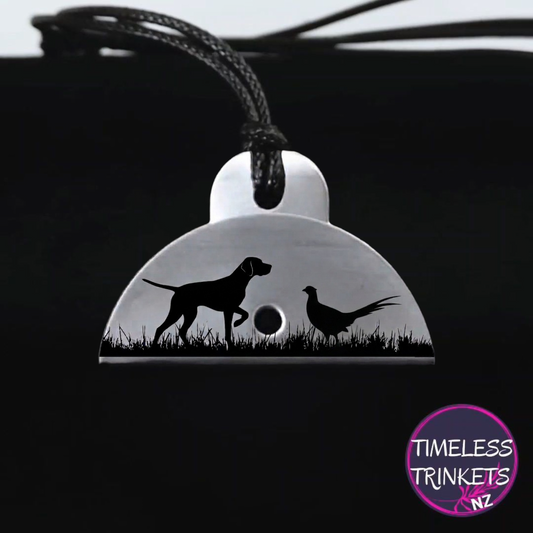 Pheasant and Pointer Dog Engraved Shepherds Whistle Pendant