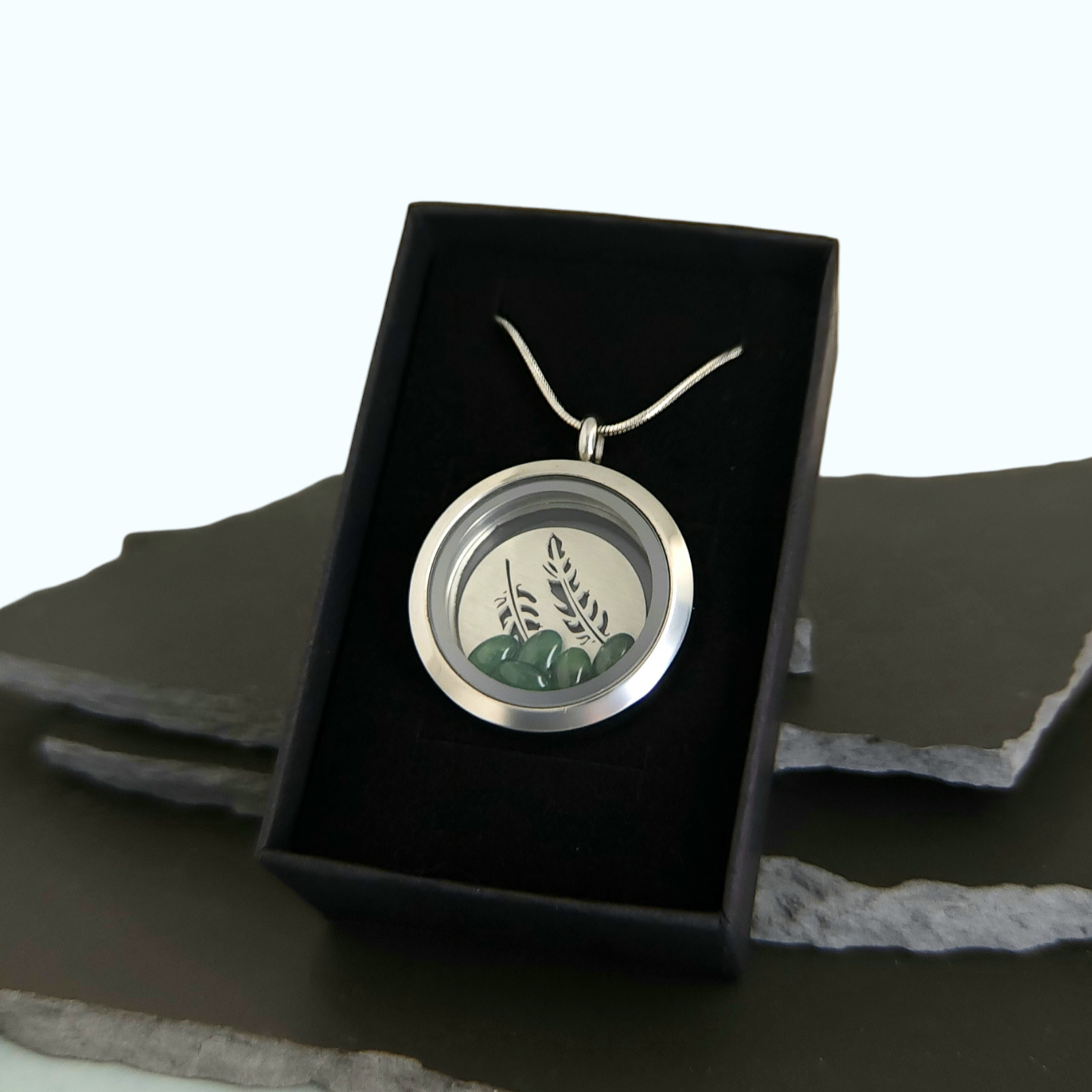 Greenstone Feather Locket Pendant - 30mm Stainless Steel Greenstone Feather Locket Pendant - 30mm Stainless Steel