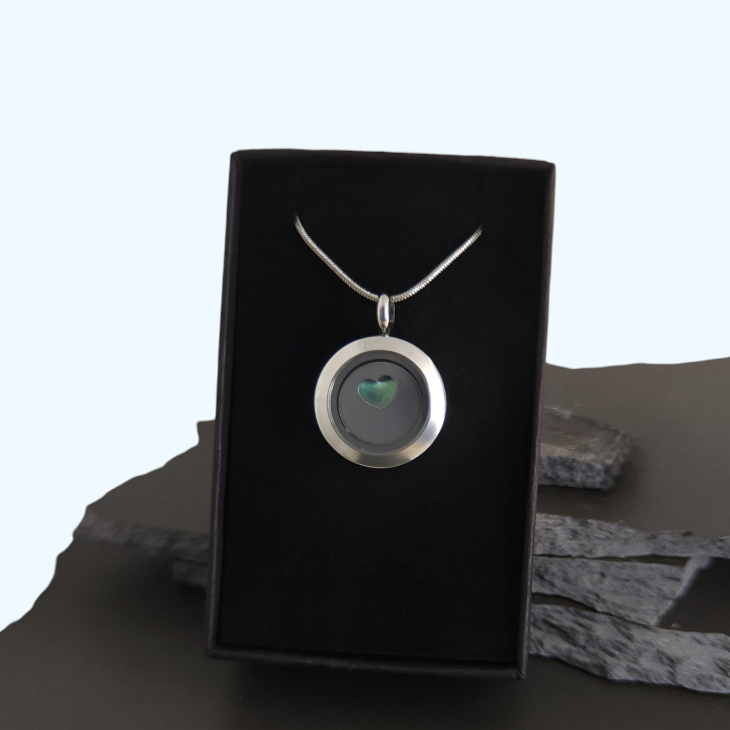 Paua Heart Locket Pendant - 20mm Stainless Steel Paua Heart Locket - 20mm - in box