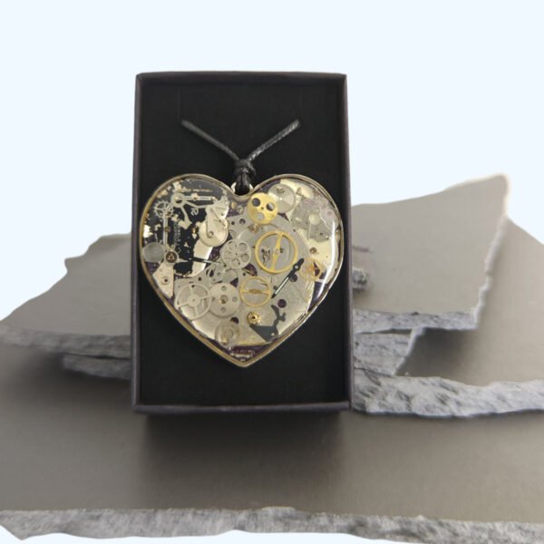 Heart Watch Movement Resin Pendant - Antique Silver - 45mm